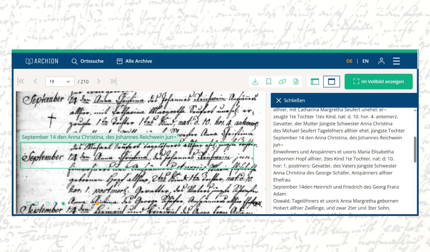 Archion document viewer with Transkribus text recognition