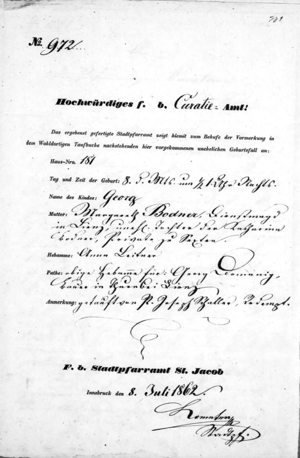 Church birth certificate from Stadtpfarramt St. Jacob, Innsbruck 1862