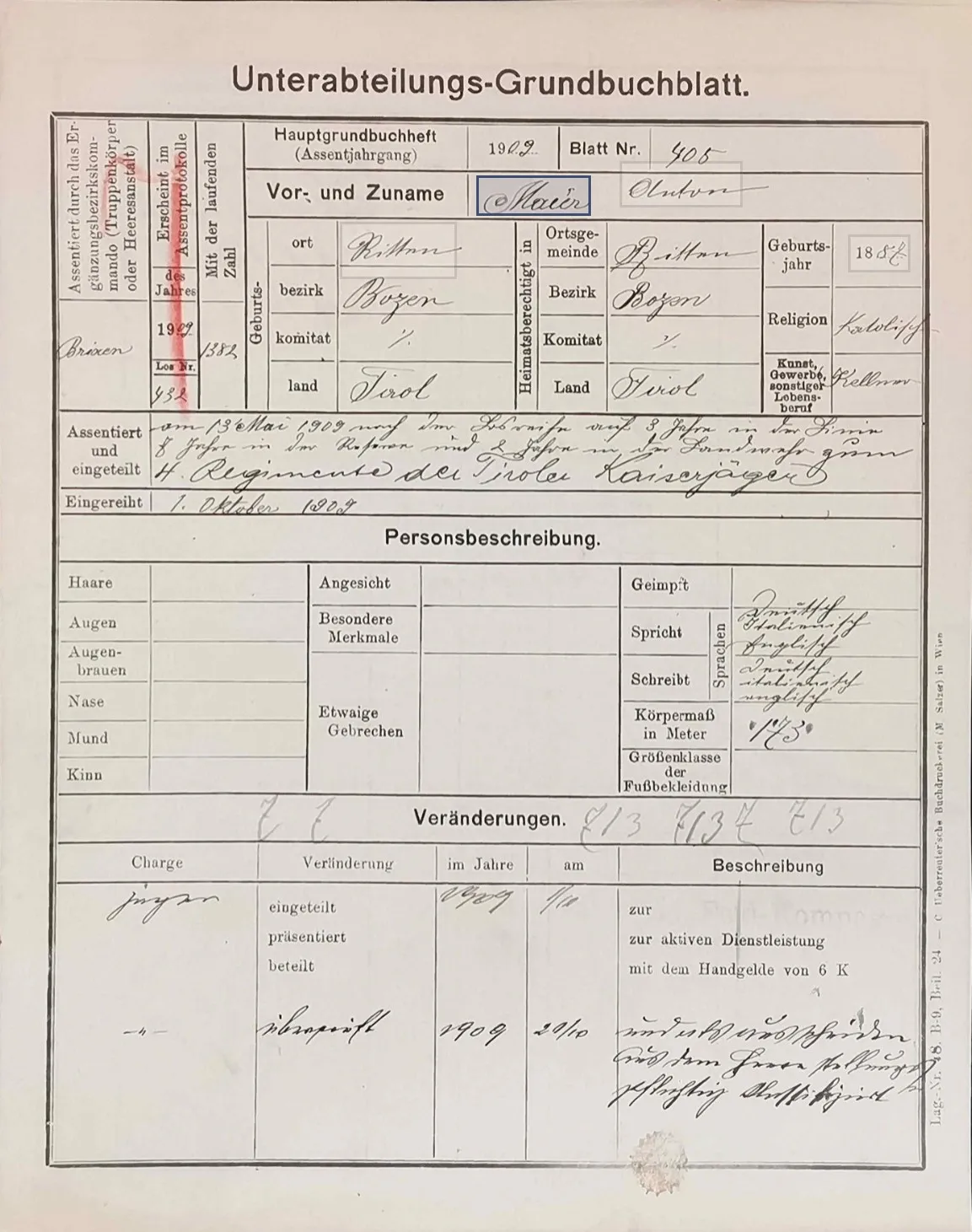 Military service record with structured fields — showing how HTR handles mixed forms and handwriting