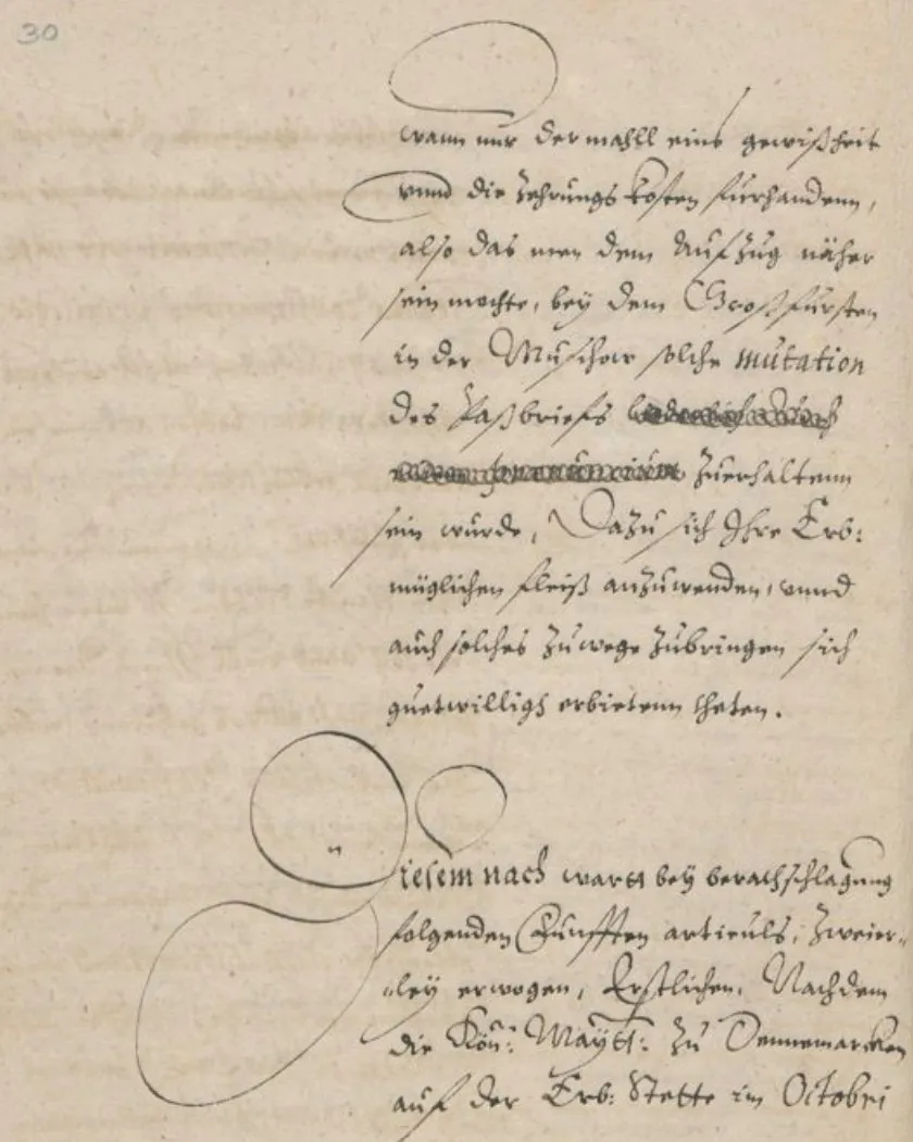 16th-century document with ornate calligraphy and decorative initial letters